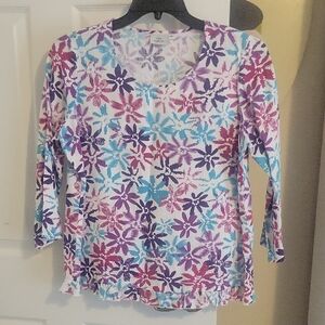 Hot Cotton SzM Multicolor Floral 3/4 Sleeve Scoop Neck Top ruffle hem